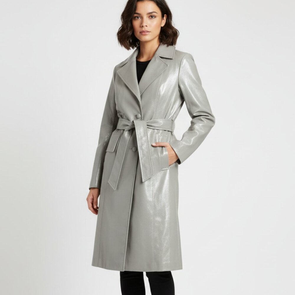 7 For All Mankind Faux Leather Belted Trench Coat Beige S NWT